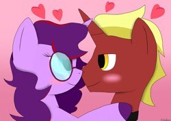 Size: 1024x724 | Tagged: safe, artist:starsingermlp, oc, oc:aramau, oc:firebrand, pony, unicorn, 2018, blushing, boop, cute, duo, duo male and female, female, firemau, glasses, gradient background, heart, horn, looking at each other, looking at someone, male, mare, noseboop, oc x oc, ocbetes, shipping, smiling, smiling at each other, stallion, straight, unicorn oc