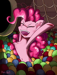 Size: 1560x2080 | Tagged: safe, artist:yuris, pinkie pie, earth pony, pony, g4, amusement park, ball, ball pit, belly button, chest fluff, eyes closed, fangs, female, open mouth, open smile, smiling, solo