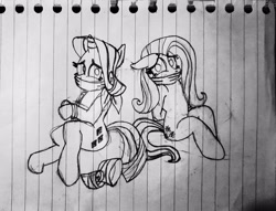 Size: 2880x2196 | Tagged: safe, artist:164251, fluttershy, rarity, pegasus, pony, unicorn, g4, bondage, bound and gagged, cloth gag, gag, help, help us, helpless, high res, kidnapped, lined paper, monochrome, ropes, scared, tied up, traditional art, worried