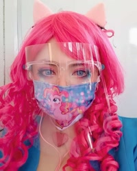 Size: 1080x1350 | Tagged: safe, artist:pandora guerra, pinkie pie, human, g4, clothes, cosplay, costume, female, goggles, irl, irl human, mask, photo, pony ears, safety goggles, solo
