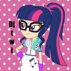 Size: 720x720 | Tagged: artist needed, source needed, safe, dj pon-3, sci-twi, twilight sparkle, vinyl scratch, equestria girls, g4, clothes swap, glasses, headphones, human coloration, polka dot background, solo