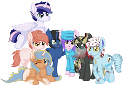 Size: 10185x7079 | Tagged: safe, artist:cyanlightning, oc, oc:brisk bully, oc:brushed light, oc:bubble fabric, oc:digital wrench, oc:dusk bolt, oc:love poison, oc:moonlit sun, alicorn, cat, cat pony, earth pony, original species, pony, unicorn, .svg available, :p, absurd resolution, clothes, ear fluff, female, flying, glasses, hat, looking at you, male, mare, ponytail, simple background, sitting, solo, spread wings, stallion, tongue out, transparent background, vector, wings