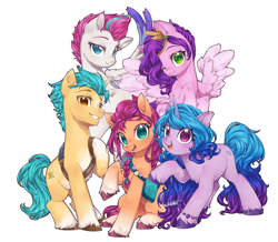 Size: 2556x2230 | Tagged: safe, artist:miomawla, hitch trailblazer, izzy moonbow, pipp petals, sunny starscout, zipp storm, earth pony, pegasus, pony, unicorn, g5, my little pony: a new generation, spoiler:my little pony: a new generation, 2021, badge, bag, blaze (coat marking), bracelet, braid, chest fluff, coat markings, colored hooves, colored pupils, cute, ear fluff, facial markings, female, fluttershy's cutie mark, flying, grin, group, high res, hoof fluff, horn, jewelry, leg fluff, male, mane five (g5), mare, old art, one eye closed, open mouth, open smile, quintet, rainbow dash's cutie mark, raised hoof, signature, simple background, sitting, smiling, socks (coat markings), spread wings, stallion, twilight sparkle's cutie mark, unshorn fetlocks, white background, wings, wink