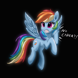 Size: 4096x4096 | Tagged: safe, artist:leoliu0491, rainbow dash, pegasus, pony, g4, absurd resolution, black background, cider dash, female, flying, gasp, mare, simple background, solo, that pony sure does love cider