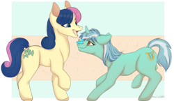 Size: 2495x1444 | Tagged: safe, artist:glittera, bon bon, lyra heartstrings, sweetie drops, earth pony, pony, unicorn, g4, dock, duo, duo female, ears back, engagement ring, female, happy, jewelry, lesbian, mare, marriage proposal, open mouth, open smile, partially transparent background, raised hoof, ring, ship:lyrabon, shipping, smiling, tail, unshorn fetlocks