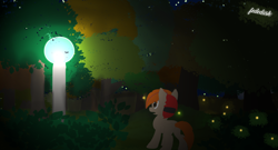 Size: 7572x4080 | Tagged: safe, artist:fededash, oc, oc only, oc:fededash, firefly (insect), insect, pegasus, pony, forest, lamp, night, open mouth, pegasus oc, stars, streetlight