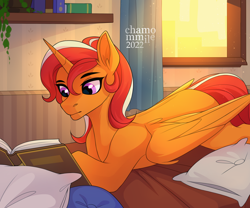 Size: 3000x2500 | Tagged: safe, artist:chamommile, oc, oc only, oc:sunfire, alicorn, pony, alicorn oc, bed, book, commission, high res, horn, pillow, reading, window, wings, ych result