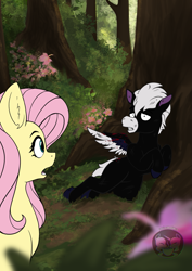 Size: 935x1323 | Tagged: safe, artist:calena, fluttershy, oc, oc:peter pegasus, pegasus, pony, g4, blood, blurry background, crossover, fanfic art, fantasia, forest, injured, looking at each other, looking at someone, offscreen character, peter pegasus, tree, wings