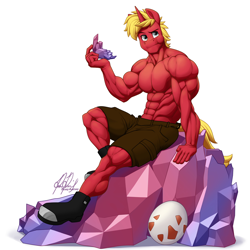 Size: 2048x2048 | Tagged: safe, artist:ponyanony, oc, oc only, oc:ruby merlot, unicorn, anthro, abs, anthro oc, boots, chewing, clothes, deltoids, dragon egg, eating, egg, high res, horn, looking at you, male, muscles, muscular male, pecs, rock, shoes, shorts, simple background, solo, stallion, thighs, thunder thighs, triceps, unicorn oc, white background