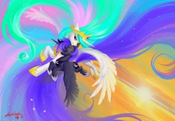 Size: 2048x1425 | Tagged: safe, artist:paipaishuaige, princess celestia, princess luna, alicorn, pony, g4, abstract background, beautiful, color porn, crown, cute, cutelestia, duo, duo female, dutch angle, ears back, ethereal mane, ethereal tail, eyes closed, featured image, female, flying, full color, galaxy mane, happy, hoof shoes, horizon, horn, impossibly long mane, impossibly long tail, jewelry, large wings, lidded eyes, long mane, looking at someone, lunabetes, mare, necklace, open mouth, open smile, outdoors, realistic wings, regalia, royal sisters, siblings, sisters, smiling, spread wings, starry mane, sunrise, sunset, tail, wallpaper, wings