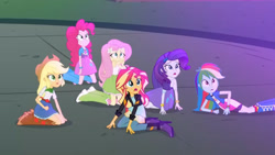 Size: 3410x1920 | Tagged: safe, screencap, applejack, fluttershy, pinkie pie, rainbow dash, rarity, sunset shimmer, equestria girls, g4, my little pony equestria girls: friendship games, applejack's hat, belt, boots, bracelet, clothes, cowboy boots, cowboy hat, cutie mark on clothes, denim skirt, female, hairpin, hat, high heel boots, high res, humane five, jacket, jewelry, leather, leather jacket, open mouth, shoes, skirt