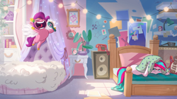 Size: 1920x1080 | Tagged: safe, artist:claudio naccari, artist:piotr bzdura, boulder media, pipp petals, zipp storm, pegasus, pony, g5, my little pony: tell your tale, spoiler:g5, spoiler:my little pony: tell your tale, annoyed, bed, bedroom, brush, duo, female, guitar, hairbrush, magnetic hooves, musical instrument, open mouth, phone, pillow, royal sisters (g5), siblings, singing, sisters, speaker, string lights, unamused, uvula, volumetric mouth, zipp storm is not amused