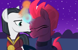 Size: 4000x2575 | Tagged: safe, artist:decokenite, edit, edited screencap, screencap, chancellor neighsay, fizzlepop berrytwist, tempest shadow, pony, unicorn, g4, armor, broken horn, clothes, duo, eyes closed, female, glowing, glowing horn, holding hooves, horn, horseshoes, kissing eyelid, looking at someone, male, mare, night, robe, shipping, shipping fuel, stallion, straight, tempest neighsay