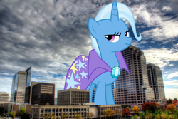 Size: 2048x1365 | Tagged: safe, artist:jeatz-axl, artist:thegiantponyfan, trixie, pony, unicorn, g4, brooch, california, cape, clothes, female, giant pony, giant unicorn, giantess, highrise ponies, irl, jewelry, looking at you, macro, mare, mega giant, mega trixie, photo, ponies in real life, sacramento, smiling, smiling at you, trixie's brooch, trixie's cape