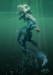 Size: 704x985 | Tagged: safe, artist:v747, oc, oc only, kirin, blank eyes, bubble, commission, crepuscular rays, leonine tail, looking up, ocean, open mouth, signature, simple background, solo, sunlight, swimming, tail, underwater, water