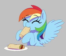 Size: 397x339 | Tagged: safe, artist:thebatfang, rainbow dash, pegasus, pony, g4, aggie.io, burrito, cute, dashabetes, eating, eyes closed, female, food, mare, plate, simple background, sitting, smiling, solo, spread wings, wings