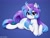 Size: 2212x1664 | Tagged: safe, artist:moetempura, oc, oc only, pony, unicorn, blue background, cute, female, hairband, horn, looking at you, lying down, mare, ocbetes, prone, simple background, smiling, snow, snowflake, solo, tail, tail band, unicorn oc, white body