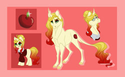 Size: 1024x630 | Tagged: safe, artist:lisianthus, oc, oc only, pony, unicorn, abstract background, bust, clothes, female, glasses, horn, leonine tail, magical lesbian spawn, mare, offspring, parent:applejack, parent:rarity, parents:rarijack, reference sheet, tail, unicorn oc