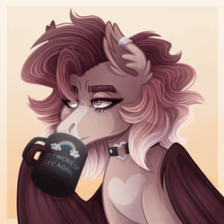 Size: 2000x2000 | Tagged: safe, artist:monnarcha, bat pony, pony, coffee mug, female, high res, mare, mug, solo, wing hands, wings