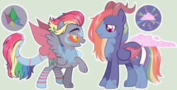 Size: 1024x520 | Tagged: safe, artist:stormcloud-yt, oc, oc only, pony, base used, duo, horns, interspecies offspring, male, offspring, parent:discord, parent:rainbow dash, parents:discodash, raised hoof, simple background, stallion