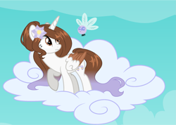 Size: 2013x1432 | Tagged: safe, artist:stormcloud-yt, oc, oc only, alicorn, parasprite, pony, alicorn oc, base used, cloud, colored wings, eyelashes, female, horn, mare, on a cloud, two toned wings, wings
