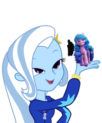 Size: 750x900 | Tagged: safe, artist:php50, izzy moonbow, trixie, pony, unicorn, equestria girls, g4, g5, 1000 hours in ms paint, cute, exploitable meme, female, izzybetes, look what trixie found, meme, op is drunk, simple background, transparent background