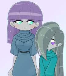 Size: 1280x1480 | Tagged: safe, artist:batipin, marble pie, maud pie, equestria girls, g4, blushing, chibi, duo, equestria girls-ified, female, hair over one eye, looking at you