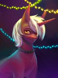 Size: 1620x2160 | Tagged: safe, artist:miurimau, oc, oc only, pony, unicorn, choker, christmas, christmas lights, eyes do not belong there, holiday, horn, solo, spiked choker, unicorn oc