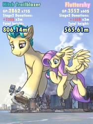 Size: 1200x1600 | Tagged: safe, artist:ravistdash, fluttershy, hitch trailblazer, earth pony, pegasus, pony, g5, building, city, cute, destruction, female, giant hitch trailblazer, giant pony, growth drive, hitchbetes, macro, male, river, shyabetes, size difference, smiling, smirk, text, water