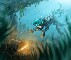 Size: 4565x3861 | Tagged: safe, artist:helmie-art, oc, oc only, oc:guttatus, bat pony, fish, pony, air tank, bubble, chest, coral, crepuscular rays, dive mask, flippers, flowing mane, flowing tail, glowing, goggles, ocean, rebreather, scuba diving, scuba gear, seaweed, solo, swimming, tail, underwater, water, wetsuit