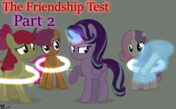 Size: 1132x706 | Tagged: safe, artist:taeko, apple bloom, scootaloo, starlight glimmer, sweetie belle, alicorn, pony, unicorn, fanfic:the friendship test, fanfic:the friendship test 2, g4, alicornified, base used, creepypasta, cutie mark crusaders, evil, evil grin, evil starlight, fanfic art, female, green background, grin, horn, looking at someone, looking back, magic, older, older apple bloom, older scootaloo, older sweetie belle, part 2, race swap, raised hoof, scroll, sequel, signature, simple background, smiling, starlicorn, telekinesis, this will end in communism, this will end in death, this will end in tears, this will end in tears and/or death, wings, xk-class end-of-the-world scenario