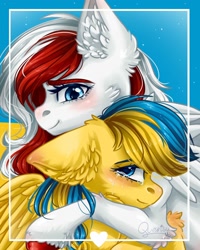 Size: 1600x2000 | Tagged: safe, artist:querisyart, oc, oc only, oc:poland, oc:ukraine, pegasus, pony, crying, current events, ear fluff, female, hug, looking at each other, looking at someone, mare, nation ponies, poland, ponified, ukraine, wings