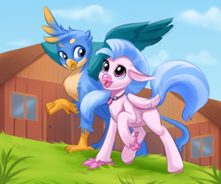 Size: 3000x2500 | Tagged: safe, artist:kittytitikitty, gallus, silverstream, griffon, hippogriff, g4, cute, diastreamies, female, gallabetes, grass, high res, jewelry, looking at each other, looking at someone, male, necklace, ship:gallstream, shipping, spread wings, straight, talons, walking, wings