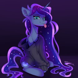 Size: 2000x2000 | Tagged: safe, artist:mochalula, princess luna, alicorn, pony, g4, :p, clothes, ear fluff, female, high res, horn, looking at you, mare, oversized clothes, signature, simple background, sitting, solo, sweater, tail, tongue out