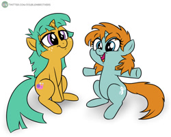 Size: 1024x822 | Tagged: safe, artist:doublewbrothers, snails, snips, pony, unicorn, g4, :t, cute, daaaaaaaaaaaw, duo, duo female, eye clipping through hair, eyebrows, eyebrows visible through hair, female, freckles, hooves, horn, lidded eyes, open mouth, open smile, rule 63, shadow, signature, simple background, sitting, smiling, spice, sugar, tail, white background