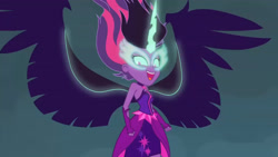 Size: 3410x1920 | Tagged: safe, screencap, sci-twi, twilight sparkle, equestria girls, g4, my little pony equestria girls: friendship games, bare shoulders, female, high res, midnight sparkle, open mouth, open smile, sleeveless, smiling, solo, spread wings, strapless, wings