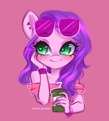 Size: 1936x2160 | Tagged: safe, artist:tomi_ouo, pipp petals, pegasus, anthro, g5, adorapipp, blushing, cute, drink, ear piercing, female, piercing, pink background, simple background, solo, sunglasses, wingless