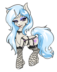 Size: 1724x2176 | Tagged: safe, artist:leastways, oc, oc only, pony, unicorn, bedroom eyes, choker, clothes, garter belt, harness, horn, makeup, simple background, sketch, solo, stockings, tack, thigh highs, transparent background, unicorn oc