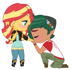 Size: 850x830 | Tagged: safe, artist:imtailsthefoxfan, sunset shimmer, timber spruce, equestria girls, g4, blushing, chibi, clothes, duo, female, kissing, male, ship:timbershimmer, shipping, simple background, straight, white background