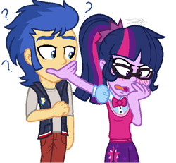 Size: 624x576 | Tagged: safe, artist:imtailsthefoxfan, flash sentry, sci-twi, twilight sparkle, equestria girls, g4, blushing, clothes, duo, female, male, question mark, ship:flashlight, ship:sci-flash, shipping, simple background, straight, white background