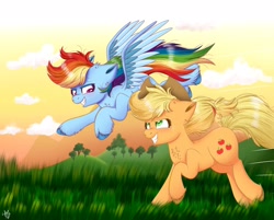 Size: 2860x2304 | Tagged: safe, artist:galaxy swirl, applejack, rainbow dash, earth pony, pegasus, pony, g4, cloud, female, flying, grass, high res, lesbian, looking at each other, looking at someone, mare, running, ship:appledash, shipping, signature