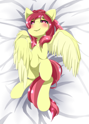 Size: 1600x2223 | Tagged: safe, artist:nihithebrony, oc, oc only, oc:cherry, pegasus, pony, blushing, body pillow, body pillow design, female, lying down, on back, pegasus oc, smiling, solo