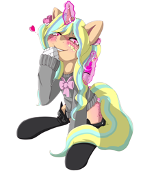 Size: 2100x2300 | Tagged: safe, artist:nihithebrony, oc, oc only, pony, blushing, clothes, commission, female, freckles, heart, heart eyes, high res, schoolgirl, simple background, socks, solo, syringe, this will end in pain and/or death, white background, wingding eyes, yandere