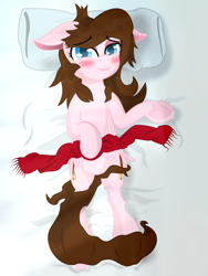 Size: 1600x2133 | Tagged: safe, artist:nihithebrony, oc, oc only, oc:amelia, pegasus, pony, bed, blushing, body pillow, body pillow design, female, lying down, messy hair, on back, pegasus oc, solo