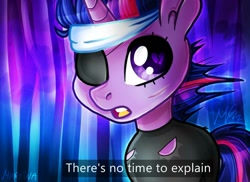 Size: 1000x726 | Tagged: safe, artist:meqiopeach, twilight sparkle, pony, unicorn, g4, it's about time, eyepatch, female, future twilight, no time to explain, open mouth, solo