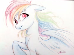 Size: 1715x1286 | Tagged: safe, artist:imalou, rainbow dash, pegasus, pony, colored pencil drawing, commission, floppy ears, solo, traditional art, windswept mane