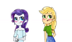 Size: 1280x750 | Tagged: safe, artist:meqiopeach, applejack, rarity, human, equestria girls, g4, blushing, clothes, duo, female, lesbian, ship:rarijack, shipping, simple background, smiling, white background