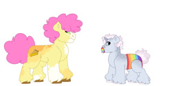 Size: 1280x640 | Tagged: safe, artist:itstechtock, li'l cheese, oc, oc:gigglebean, pony, g4, baby, baby pony, diaper, duo, half-siblings, offspring, parent:party favor, parent:pinkie pie, parents:partypie, simple background, white background