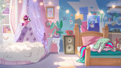 Size: 1193x671 | Tagged: safe, edit, edited screencap, screencap, pipp petals, zipp storm, pegasus, pony, g5, my little pony: tell your tale, spoiler:g5, spoiler:my little pony: tell your tale, bedroom, duo, duo female, female, mare, micro, pipp is short, pipp is smol, singing, smol, unamused