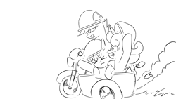 Size: 1280x720 | Tagged: safe, artist:truffle shine, apple bloom, scootaloo, sweetie belle, earth pony, pegasus, pony, unicorn, g4, black and white, cutie mark crusaders, grayscale, helmet, monochrome, mortar, motor trike, red alert 2, simple background, sketch, trio, vehicle, white background